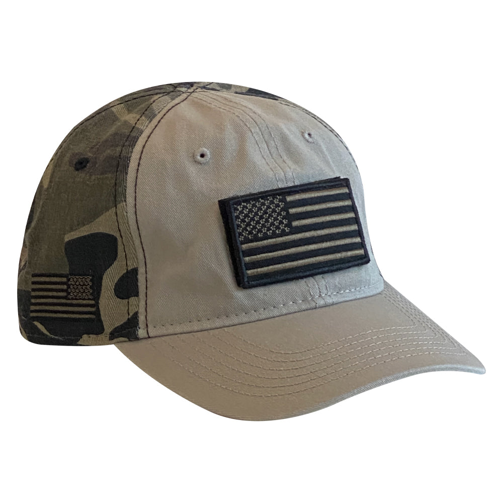 khaki fronted hat with an American flag patch on it, camo sides of the hat 