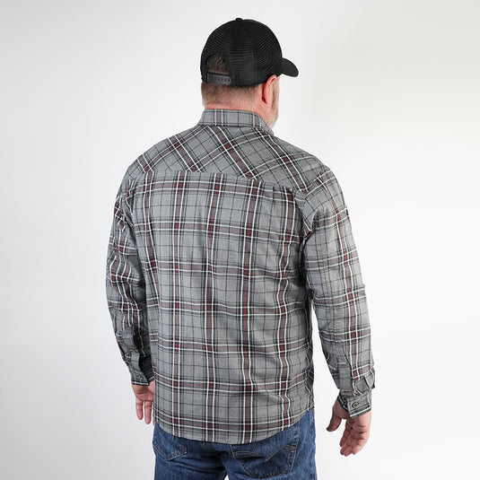 Man wearing grey and red Westwood Plaid Shirt standing facing away