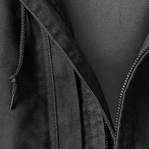 Detail shot of black Laredo jacket showing front zipper