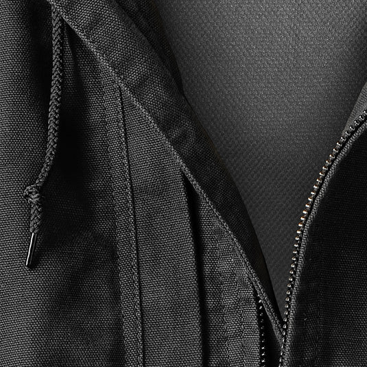Detail shot of black Laredo jacket showing front zipper