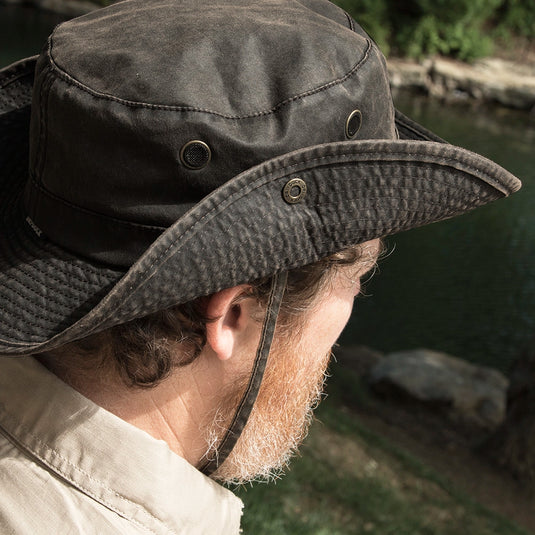 Dark brown Booney Hat – moisture-wicking sweatband – comfortable outdoor headwear for hiking and sun protection